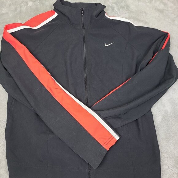 Vintage Nike Black W/Red White Embroidered Swoosh Check Zip Jacket Women's Small - Picture 1 of 7